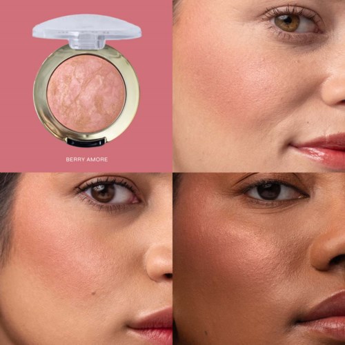 Bilder som visar ett rougepaket med rosa nyans och fyra närbilder av kvinnors ansikten med olika hudtoner och makeup-stilar.