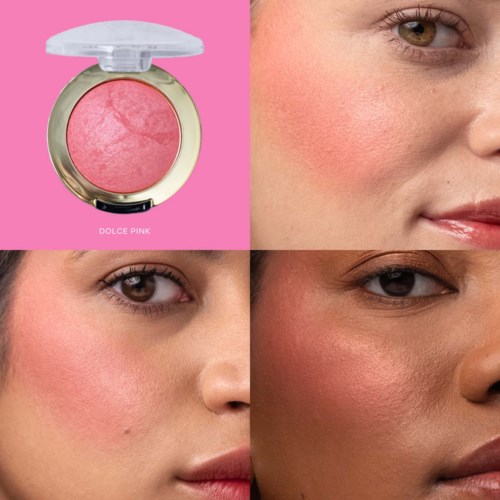 Rouge i ett kompakt fodral och en närbild av en kvinna med rouge på kinderna som visar olika hudtoner och makeupstilar.