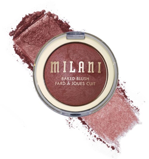Milani bakad blush i en rund behållare, med svep av rosa-brun och persikofärgad på vit bakgrund.