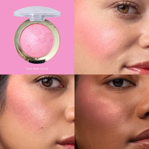 Makeup-nyanser och närbilder av tre olika hudtoner som visar blush-application.