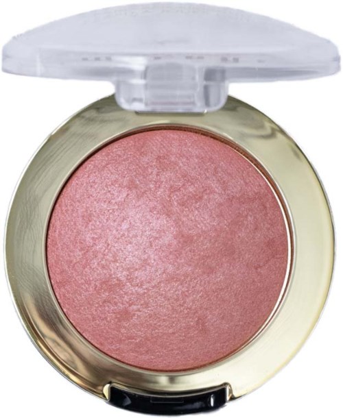 En rosa rouge eller highlighter i rund form med transparent lock i ett guldförpackning.