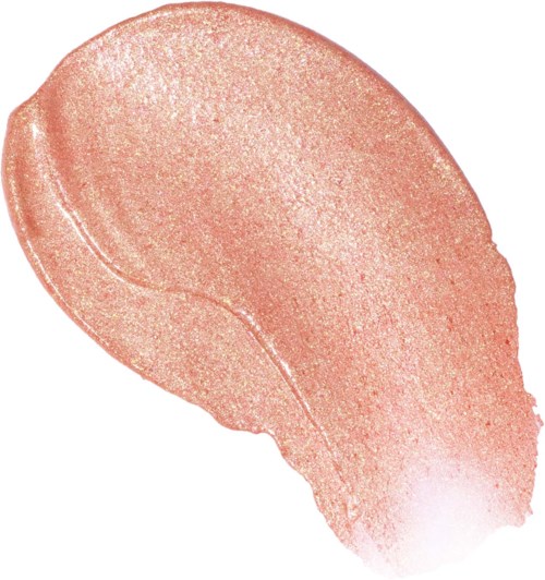 A peach-colored, shimmery beauty product swipe, curved with a slight scoop in the middle.
