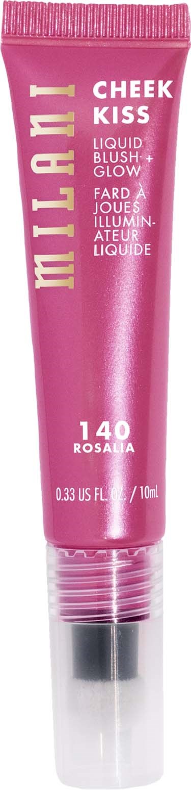 A pink tube of cheek gloss with gold text, named 'Milani Cheek Kiss', shade '140 Rosalia'.