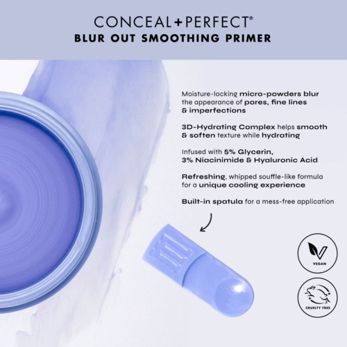 Blauer Behälter mit Spatel, beschreibt einen Concealer, der Poren verwischt und die Haut glättet.