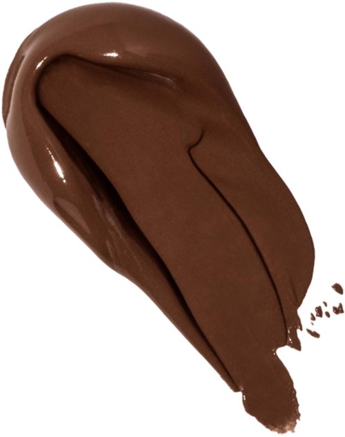 En ske med glat, smeltet chokolade med blank overflade, let buet og drypper i enden.