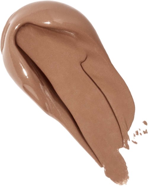 En prøve af cremet beige flydende makeup eller foundation med en glat, skinnende tekstur og et stribet mønster.