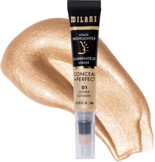 En tube med Milani highlighter med gullfarget krem bakgrunnet.