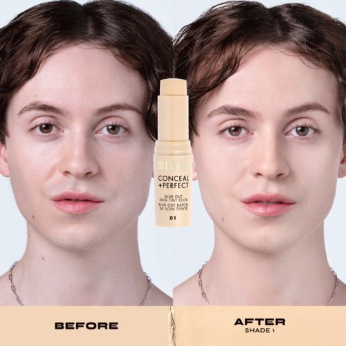 Zdjęcia before and after kobiety z poprawioną skórą po użyciu korektora i podkładu, z butelką korektora na środku.