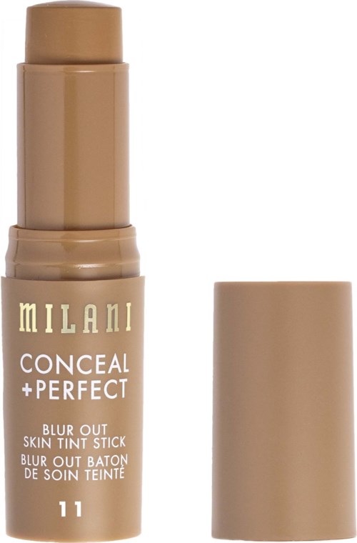 Beżowy sztyft podkładu do twarzy z pokrywką, oznaczony Milani Conceal + Perfect blur out skin tint stick.