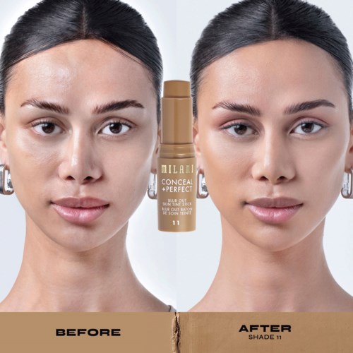Porównanie kobiety przed i po użyciu korektora Milani Conceal + Perfect, odcień 11.