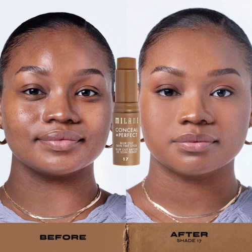 Zdjęcia przed i po pokazujące kobietę z czystą skórą, w centrum butelka podkładu oznaczona Milani Conceal + Perfect Shade 17.