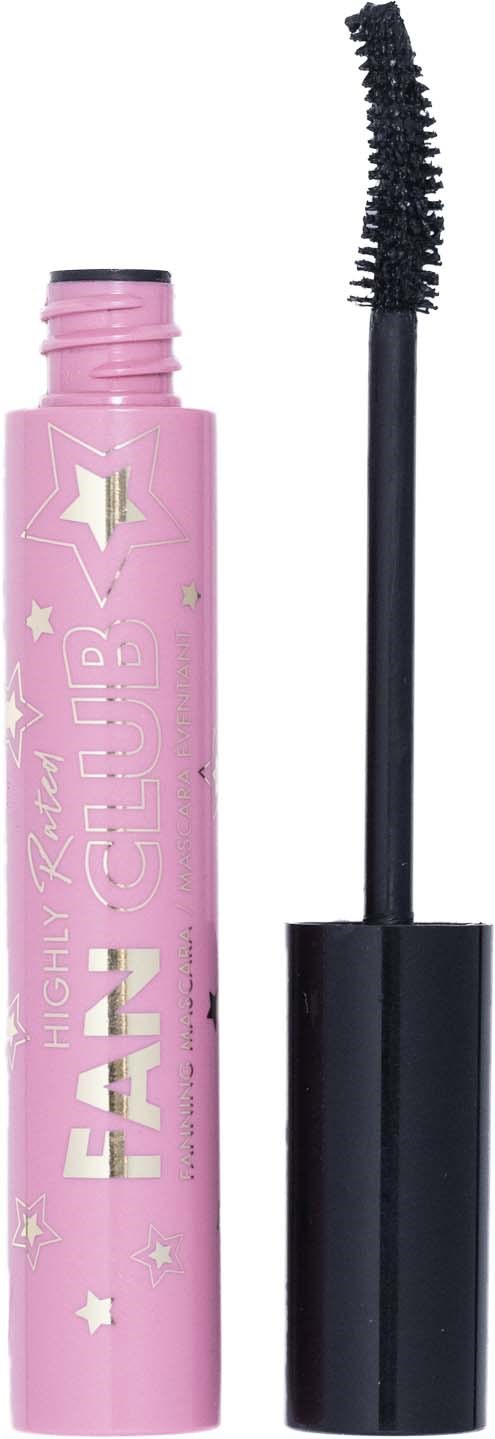 Een roze mascaraomhulsel met een zwart mascara borsteltje, versierd met sterren en tekst.