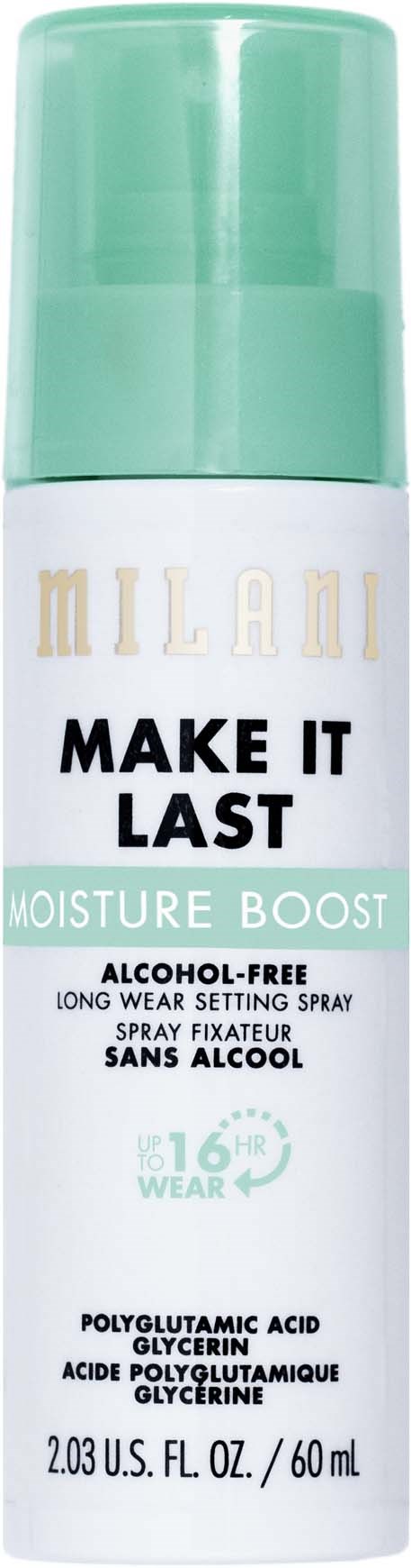 Milani Make It Last vochtversterkende setting spray met groene dop, alcoholvrij, 60 ml, langdurige houdbaarheid.