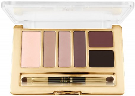 En makeup-palett med fem ögonskuggor och en liten dubbelborste i ett genomskinligt fodral.