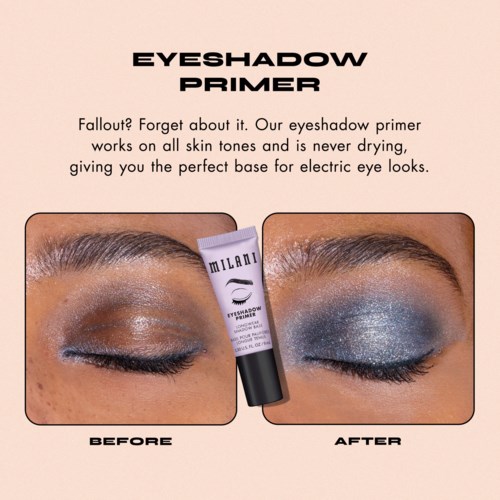 A makeup primer tube shown with two eye images, one before and one after application, highlighting eye makeup enhancement.