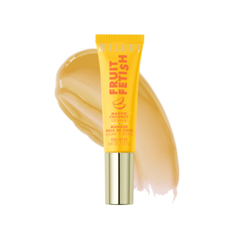 Gul tub märkt 'Fruit Fetish' med mango kokosdoft, bredvid en klick av kräm eller lotion.
