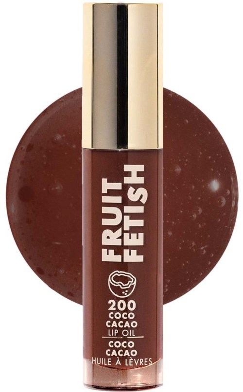 En læbepomade med mørk chokoladefarve, mærket "Fruit Fetish" og kaldet "Coco Cacao" med størrelse 200.