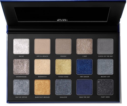 An eyeshadow palette with 15 shades, each named, in a sleek black case with a mirror inside the lid.