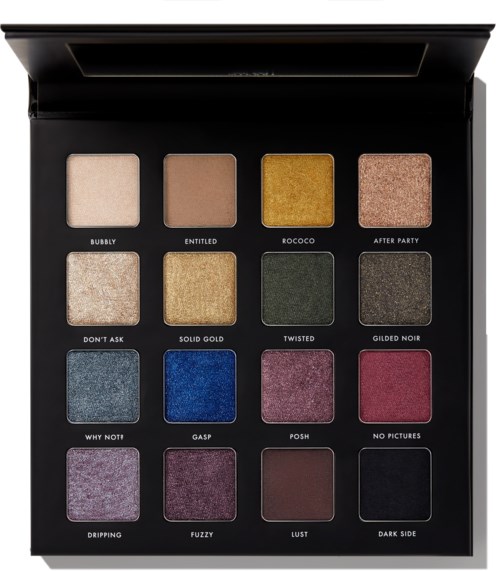 Een oogschaduwpalette met 16 kleurrijke tinten, in vier rijen, in een zwart doosje.