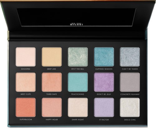 A makeup palette with 15 colorful eyeshadows named with fun, trendy titles and a black mirror inside.