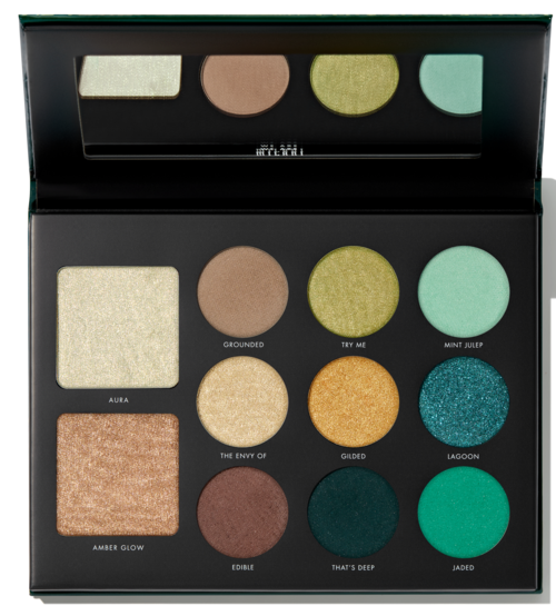 Make-uppalet met tien verschillende oogschaduwkleuren en een grote highlighter. Bevat tinten als mint, goud, bruin en teal.