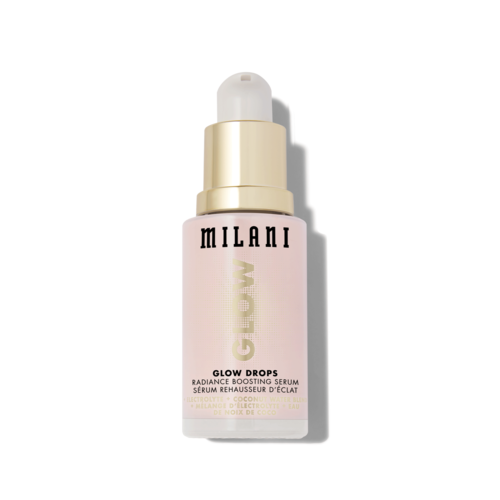 En rosa flaska Milani Glow Drops-serum med vit pump och guldhätta.