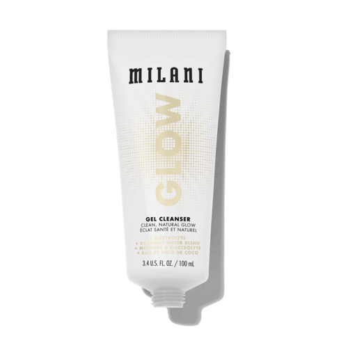 En hvit tube merket 'Milani Glow Gel Cleanser' med detaljer om ingredienser og størrelse.