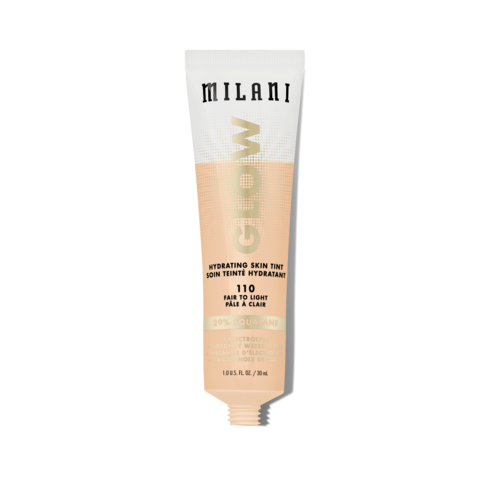 A tube of Milani Glow Hydrating Skin Tint, light shade, 110, 0.5 fl oz, moisturizer with glow effect.