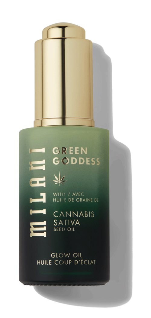 En grön flaska med guldlock, märkt 'Green Goddess' och nämner cannabisfröolja och glow olja.