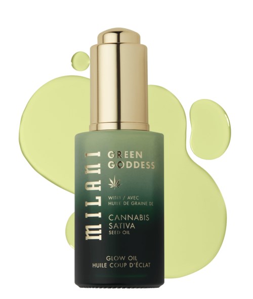 En grön flaska med guldkapsel och etikett, omgiven av gröna oljedroppar, märkt 'Milali Green Goddess Cannabis Sativa Seed Oil.'