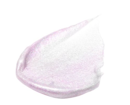 Miękka, biała i różowa krem lub lotion o gładkiej teksturze i okrągłym kształcie.