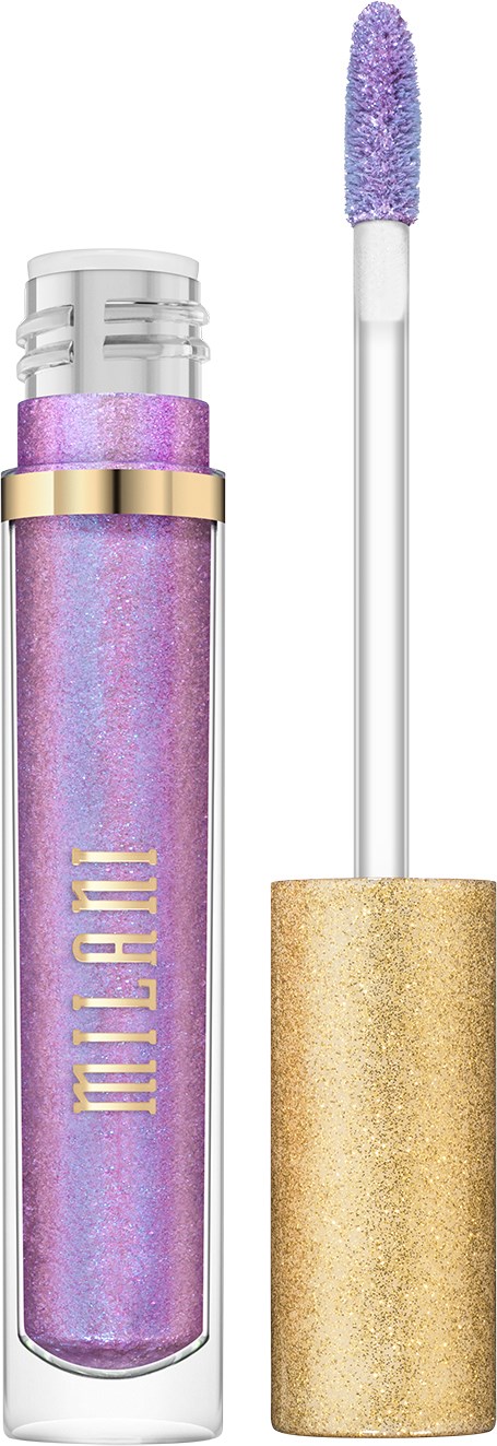 A glittery purple lip gloss with a gold cap and an applicator wand beside it.