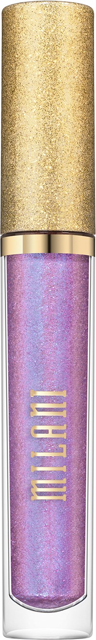 A shiny purple lip gloss with a gold cap and the brand name Milani written vertically.