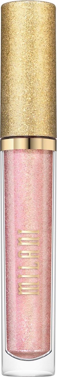 En leppeglans med klar tube, rosa glitter inni, gulllokk, og merket 'Mii' på tuben.