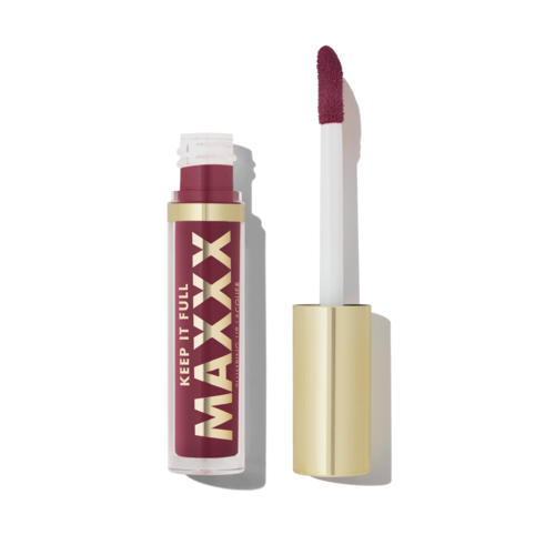 Läppglans med applikator, i rosa färg, med guldkapsel. Förpackningen har orden "MAXXX" och "Keep it full."