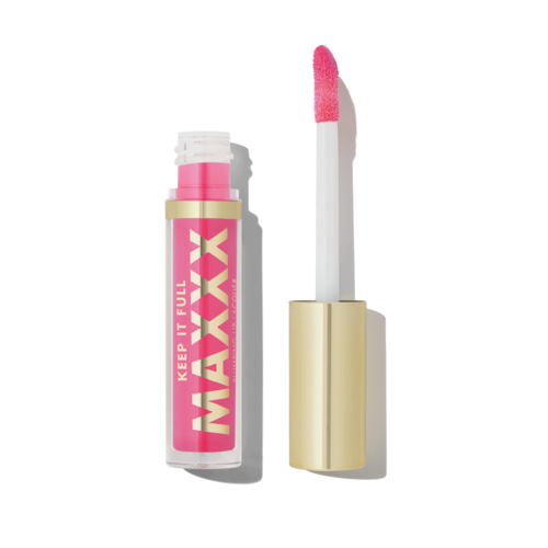 En läppglansrör med en rosa applikator och guldkapsel, märkt "MAXXX."