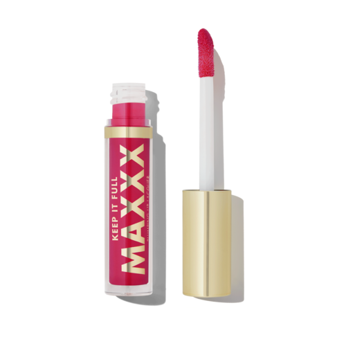 Läppglans med en rosa applikator och guldlock, märkt 'Maxx Keep It Full.'