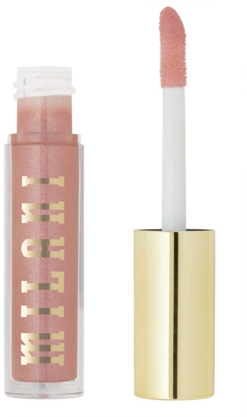 Ett läppglansrör med rosa gloss och en vit vapp med rosa gloss på.