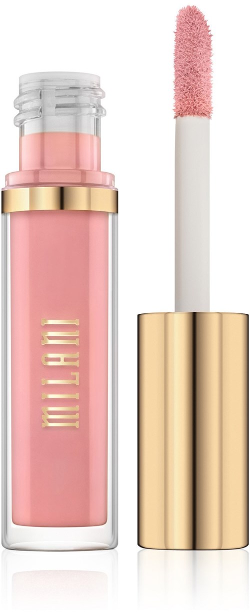 Ett rosa läppglans i en genomskinlig tub med guldfästen. Applikatorn med rosa gloss är ut ur tuben.