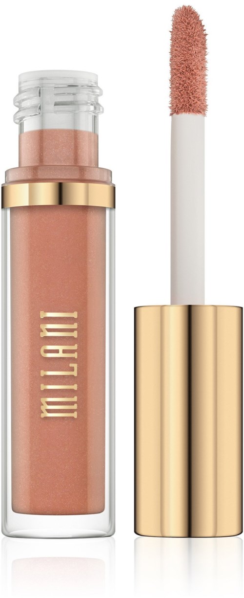 A lip gloss tube with a beige color, gold cap, and applicator wand showing. It has the brand name MILANI.
