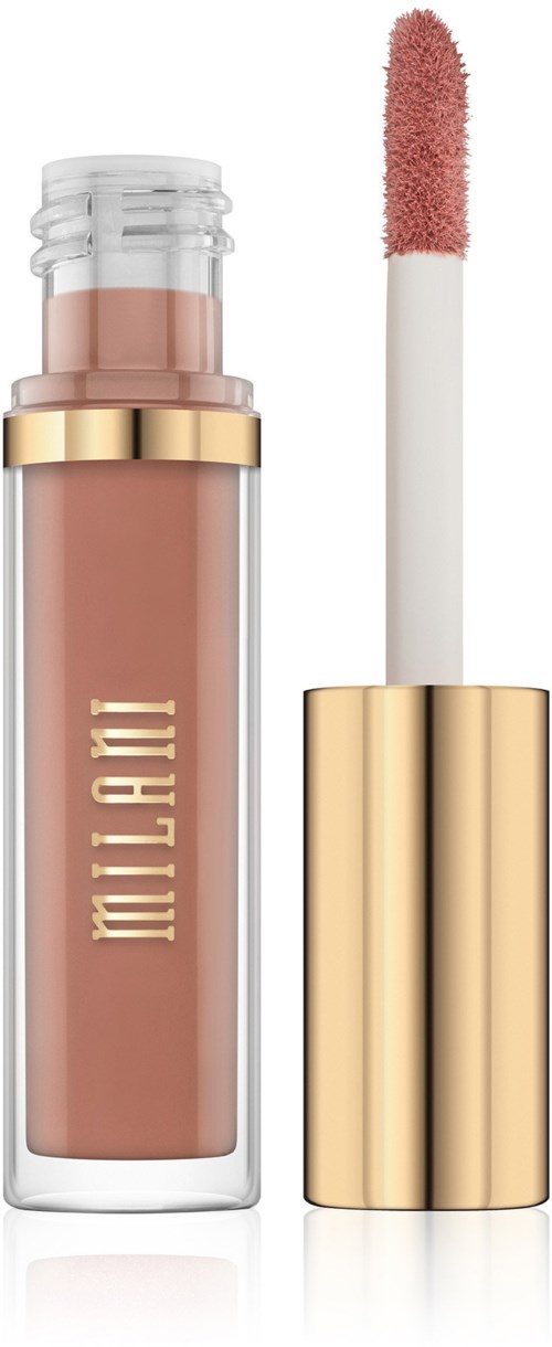 En läppglansflaska med beige färg och en vit och guldig applikator. Märket Milani står på tuben.