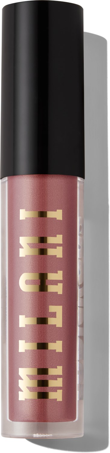 En rosa läppglansrör med svart lock och orden 'LIP GLOSS' skrivna vertikalt i guldbokstäver.