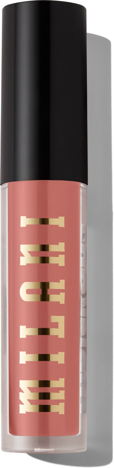 A small tube of pink lip gloss with gold lettering on it, black cap, and a white background.