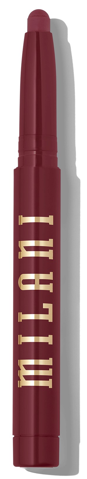 Bilden visar ett rött läppstift med en guldfärgad logotyp och en rundad kork.