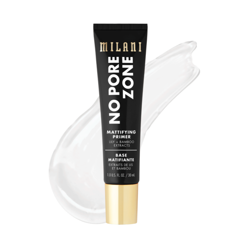 En svart tube fra Milani Pore Zone mattende primer med gullkant, med hvit krem ved siden av.