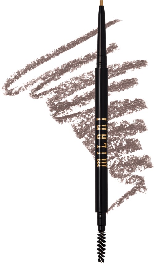 A black eyeliner brush with gold lettering and a spiral handle, drawing brown lines on a white background.
