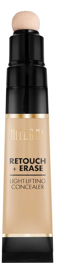 En concealerpenn med en svampespiss på toppen, beige væske inni, merket 'Milani Retouch + Erase'.
