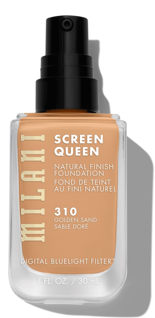 En foundationflaska kallad 'Screen Queen' i nyansen 310 Golden Sand, med pump och etikett med information.