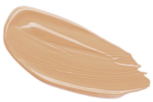 Ett beige-färgat smuts av krämig vätska, kanske makeup eller foundation, utbrett med borste eller finger.
