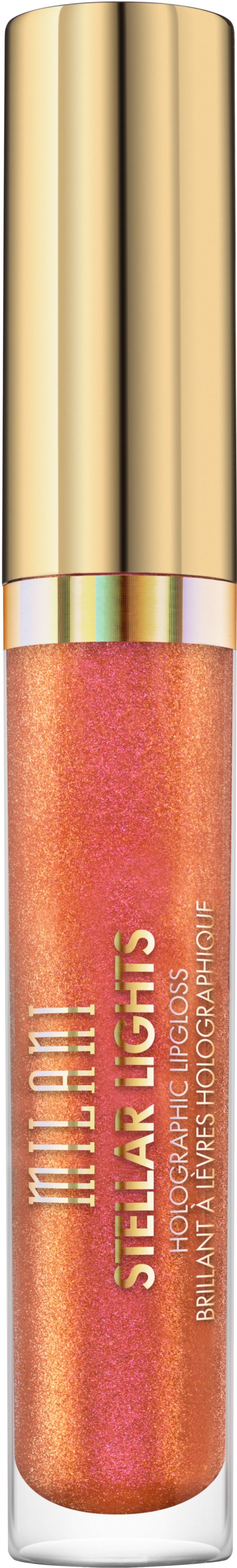 En läppglansflaska med guldlock och ett glittrigt orange-rosa gloss inuti. Etiketten säger "Milani Stickable Lights".